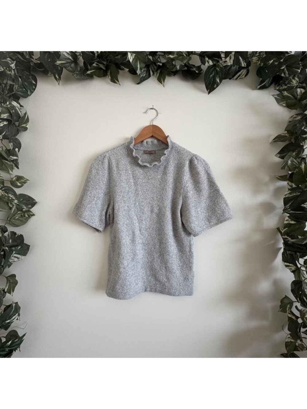 Lilla P Elbow Sleeve Ruffle Mock Neck Knit Sweater Grey Women’s Size M